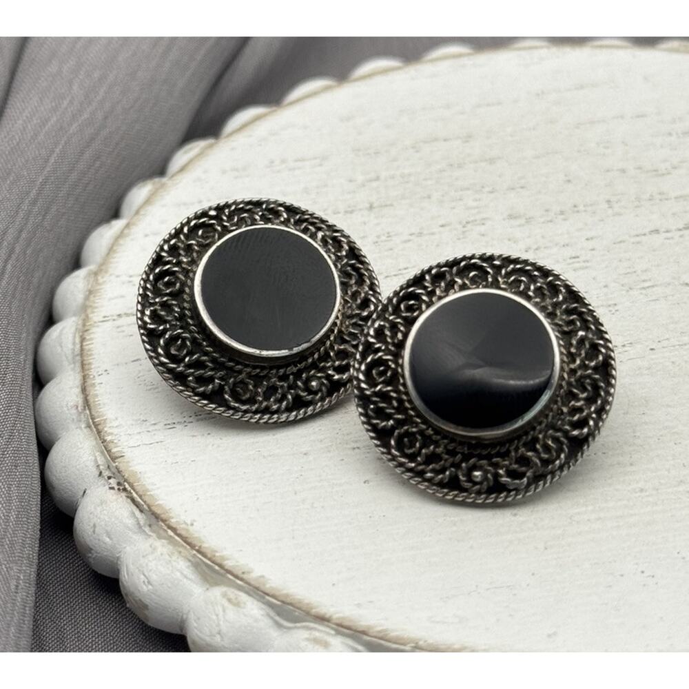 Vintage ONYX Signed ND Sterling Silver 925 Earrings 11.21 G